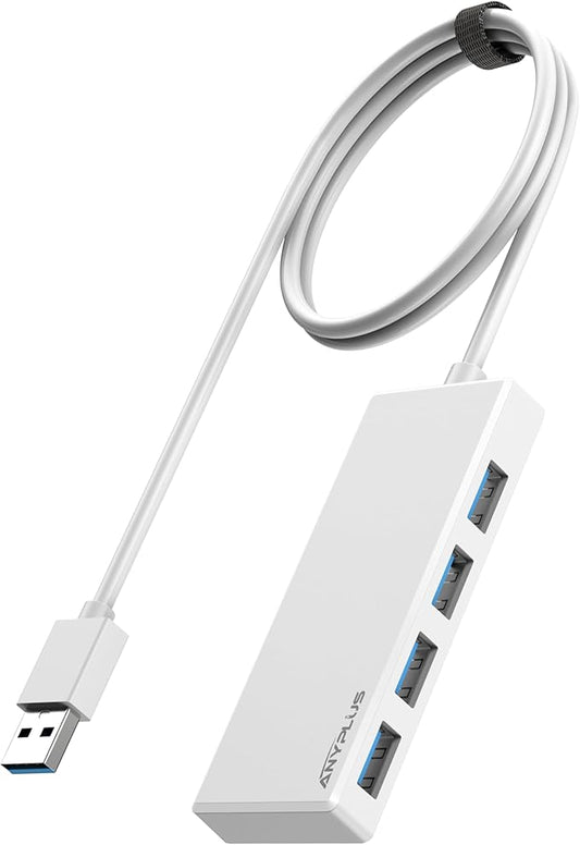 ANYPLUS USB Hub, Multiport USB Splitter Adapter, 2 ft Long Cable USB 3.0 Hub, USB Extender for Laptop, PC, iMac, Surface Pro, MacBook, Mac Pro, Flash Drive, XPS, Mouse, HDD【White】, HJ-White-0.5M-001