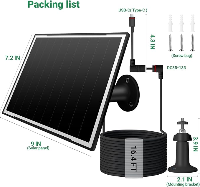 Solar Panel for Ring Camera/Wyze Cameras, 8W Solar Charger Compatible with Stick Up Cam Pro/Plus & Spotlight Cam (Battery) Plus/Pro - Waterproof, 16ft Long Cable, DC3.5mm & USB C Ports, Black