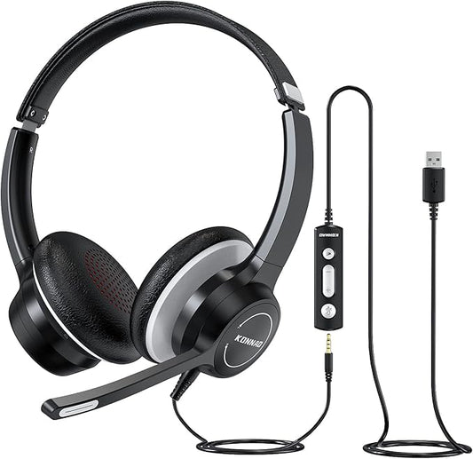 KONNAO USB Headset with Microphone, 3.5mm Wired Computer Headsets with Noise Cancelling Microphone, Stereo Headphones with MIC for PC, in Line Controls, Work Headset for Skype Zoom Tablet Laptop