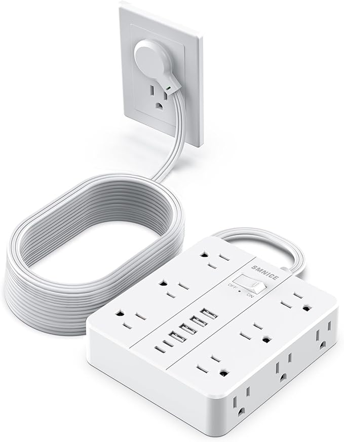 Power Strip 20ft Extension Cord,SMNICE Flat Plug with 12 Outlets 6 USB(2 USB C),Power Strip Charging Station with Overload Protection for Home, Dorm,Office