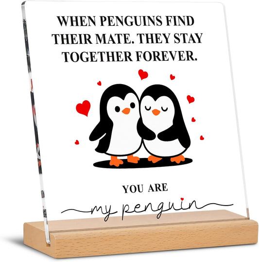 Romantic Penguin Acrylic Plaque - 5.9x5.9 Inch Clear Acrylic Home Decor | Perfect Gift for Couples