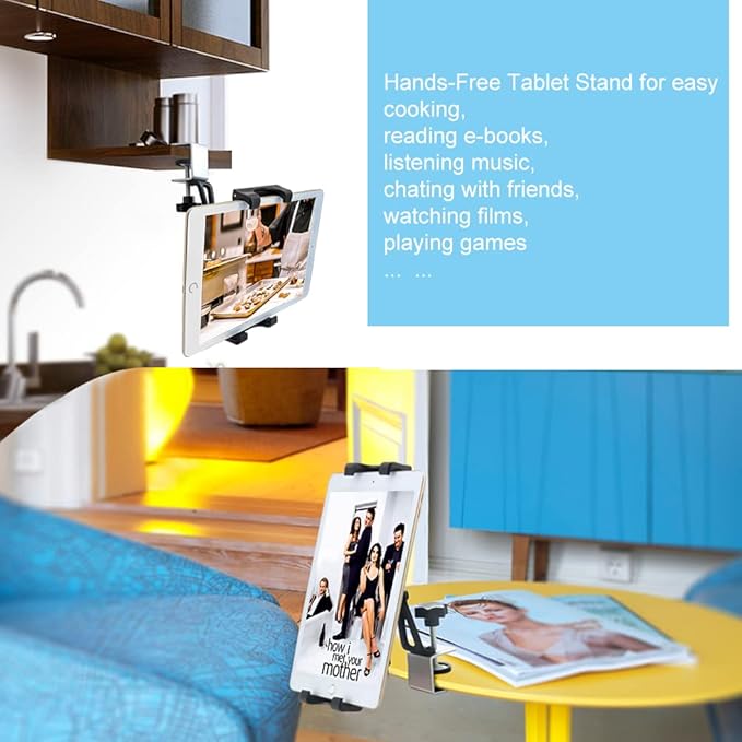 woleyi Under Cabinet Tablet Mount, Kitchen iPad Holder for Desk/Shelf/Board/Chair, 360° Adjustable Metal Clamp Stand for iPad Pro Air Mini, Galaxy Tabs, Z Fold, Fire, Surface, Switch, 4.7-13" Devices