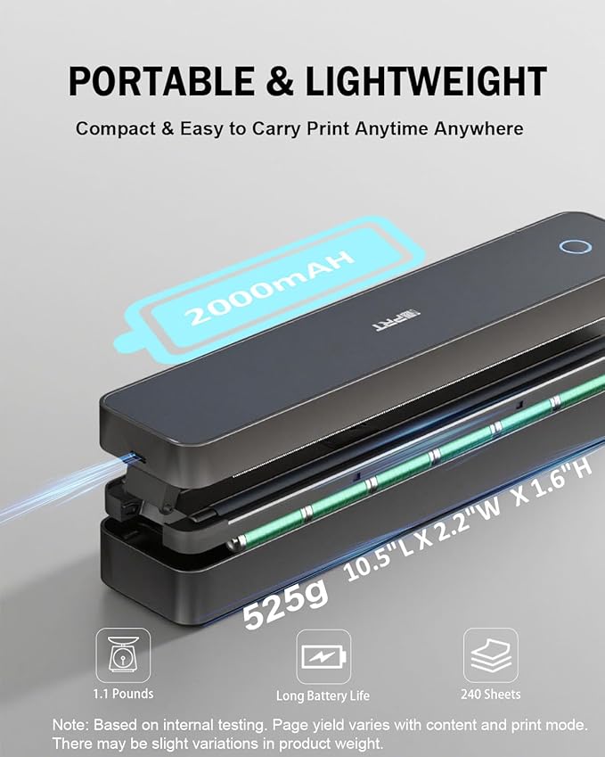 Inkless Portable Printer for Travel, Wireless Thermal Printer Supports 8.5 x 11" US Letter, A4, MT610Pro 300DPI Small Bluetooth Printers Compatible with iOS Android Laptop for Home Office Car, Black