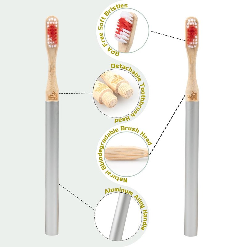 Tooth HaHa Replaceable Brush Head Toothbrush, 2 Aluminum Alloy Handles and 4 Bamboo Brush Heads, BPA-Free, Soft Tapered Bristles, Metal Toothbrush Set, Couple's Gift or Birthday Present