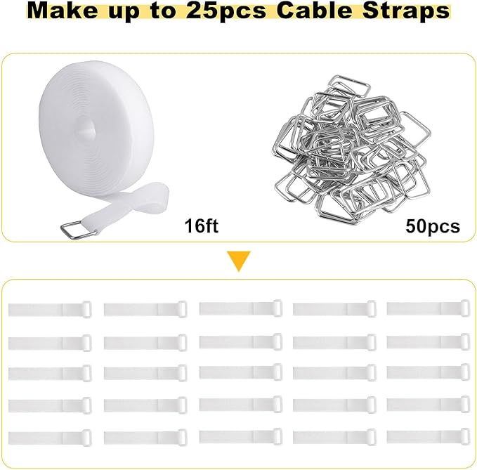 YMCRLUX 1"x16ft Hook and Loop Straps with 25 Metal Buckles, Adjustable Fastening Cable Straps, Cut-to-Length Cinch Strap, Reusable Nylon Securing Cord Ties for Organizer or Storage, 1 inch Wide, White