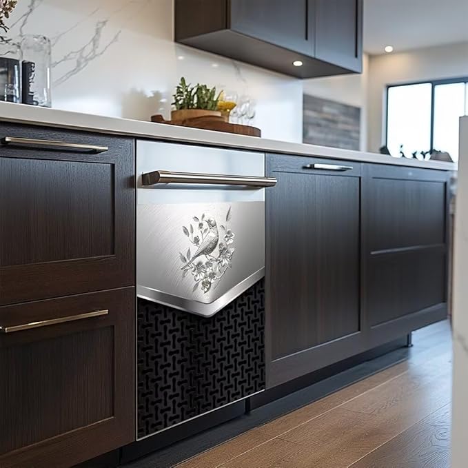 Dishwasher Covers Decorative Magnetic Sticker,Stainless Steel Design Bird and Flower Pattern Refrigerator Front Panel,Kitchen Decor Fridge Magnet Cover Decor,23 x 26inchs