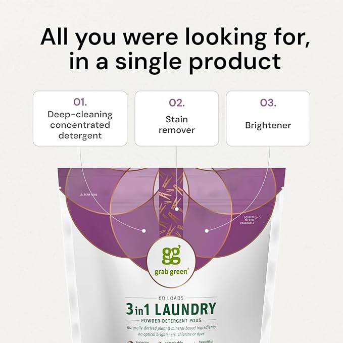 Grab Green Natural 3 in 1 Laundry Detergent Pods, Free & Clear/Unscented, 24 Loads, Fragrance Free, Organic Enzyme-Powered, Plant & Mineral-Based, 13.5 Ounce, 24 Count