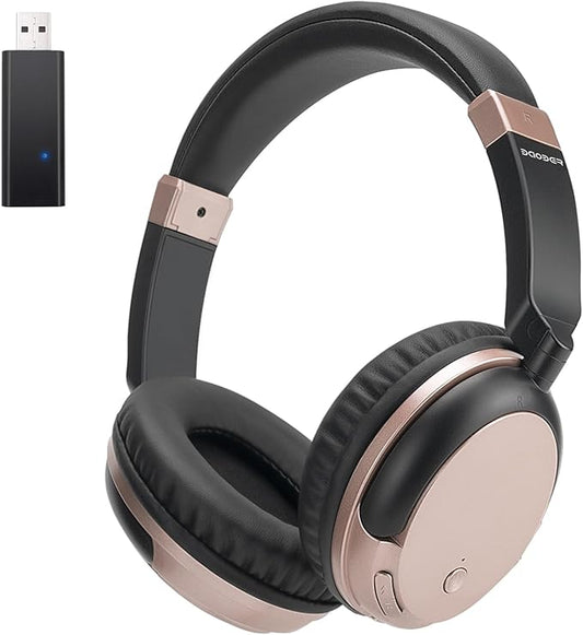 BAOBER Bluetooth Wireless Over Ear Light Weight Headphone with Low Latency USB Transmitter for TV,PC,3.5mm Audio Device, Stereo Wireless Headset Built-in Microphone for Cell Phone (Rose Gold)