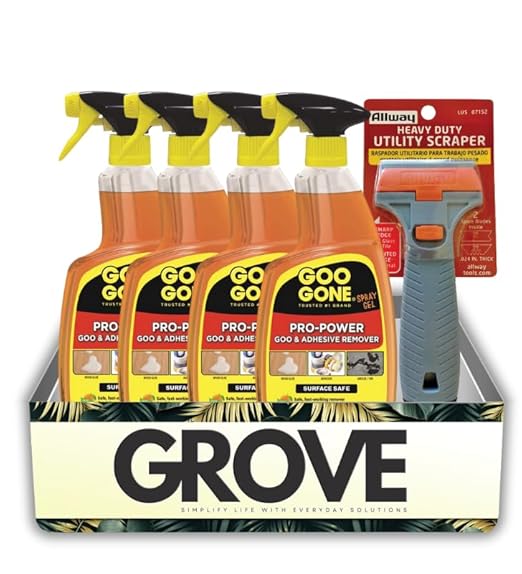 4x Goo Gone Pro-Power Gel Adhesive Remover 24 oz Bundle with Utility Scraper – Clings to and Lifts Sticky Residue, Grease, and Grime from Surfaces – Gift Set (5 Items).