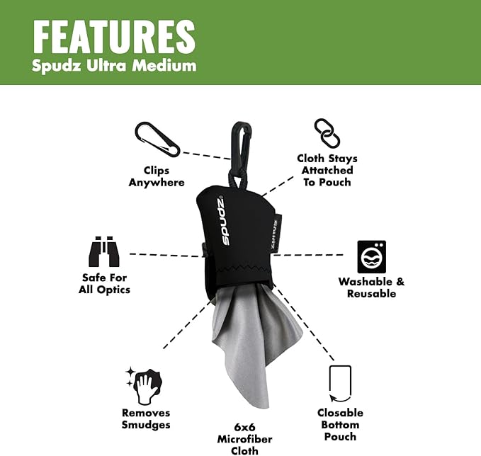 SPUDZ Ultra Microfiber Lens Cleaner with Closeable Bottom – Clip-On Pouch, Washable – for Binoculars, Scopes, Glasses, Screens | Ultra Snow Sheds, 6 x 6 Inch