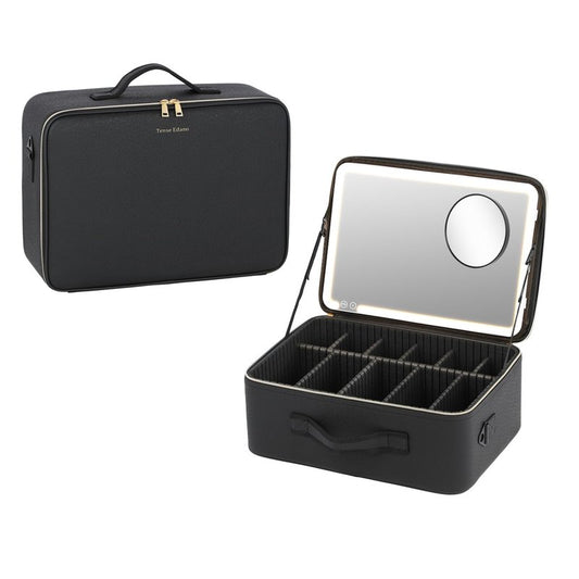 Tense Edano Extra Large PU Cosmetics Train Case with LED Lighted Mirror Rechargeable 3 Color Lights Portable Makeup Artist Organizer with Adjustable Dividers Shoulder Strap (Lighted Cosemtic Case)