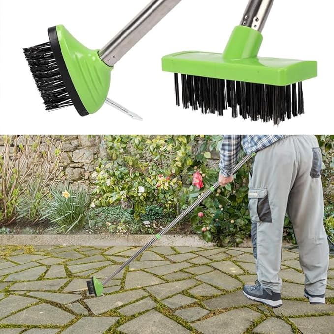 3-in-1 Weed Brush Tool Set, Adjustable Long Handle Crack Weeder & Moss Remover for Driveway, Patio, Sidewalk - Stainless Steel Crevice Cleaning Kit (1 Set)
