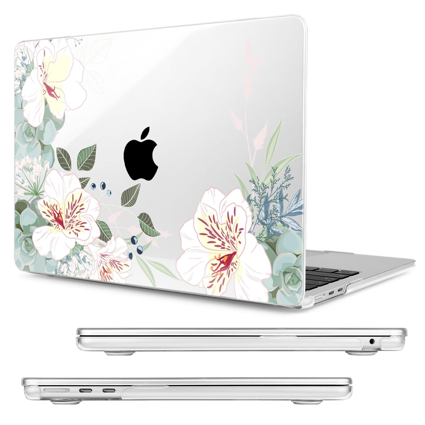 MecBevia Compatible with 2026 M5 MacBook Air 13 inch Case 2026 2025 2024-2022 M5 A3449 M4 A3240 M3 A3113 M2 A2681, Keyboard Cover, Screen Protector, Webcam Cover & Type-C OTG, White Alstroemeria