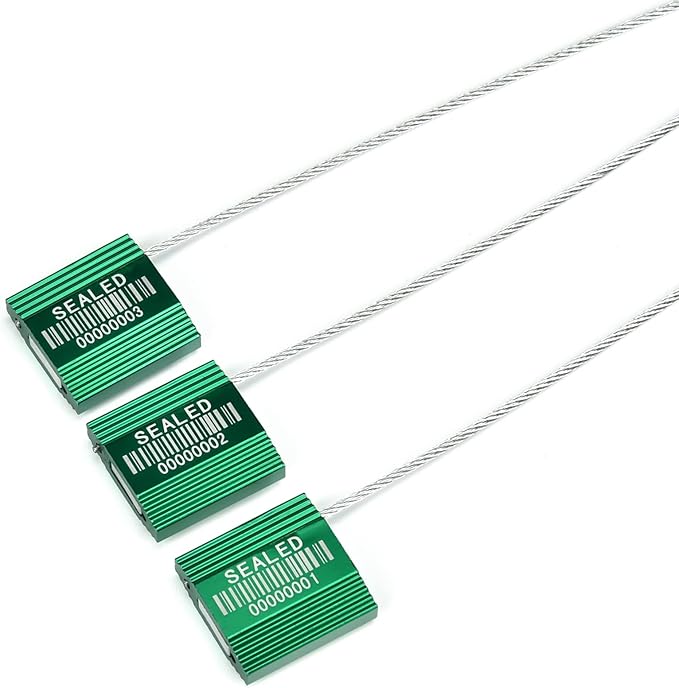 LeadSeals 50 Green High Security Cable Seals with Barcode Pull Tight Numbered Steel Security Seals Metal Container Seals Anti-Tamper Shipping Self-Locking Tags for Logisitics ISO 17712 Certificated