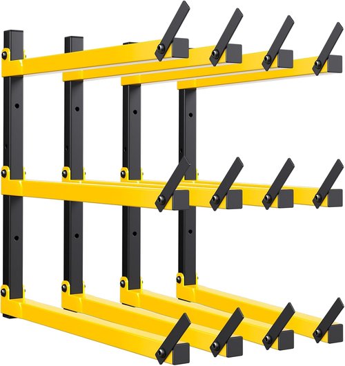 GREENER Lumber Storage Rack - Heavy-Duty Wall-Mounted Wood Organizer | 3-Level Design, Yellow, 4 Pairs