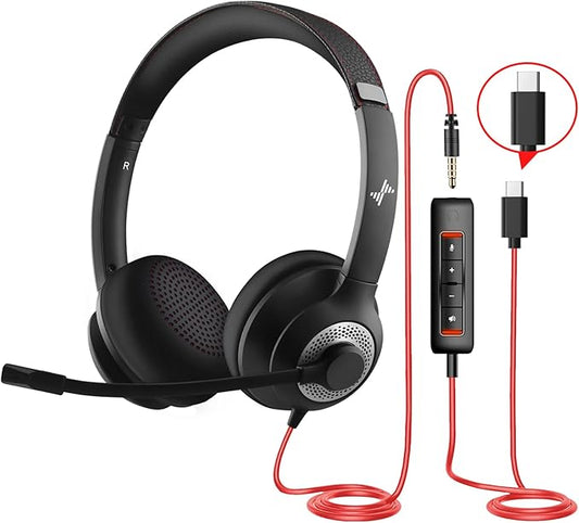JIAMQISHI USB Headset with Microphone for PC, On-Ear Computer Laptop Headphones with Noise Cancelling Mic in-line Control for Home Office Online Class Zoom (Type C+3.5mm, Black)