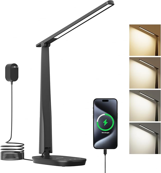Honeywell LED Desk Lamp for Home Office, Eye-Caring Dimmable Reading Light with 4 Color Modes, Touch Control, USB-A & USB-C Charging Ports, Adjustable Head, Timer for Bedroom & Small Desks