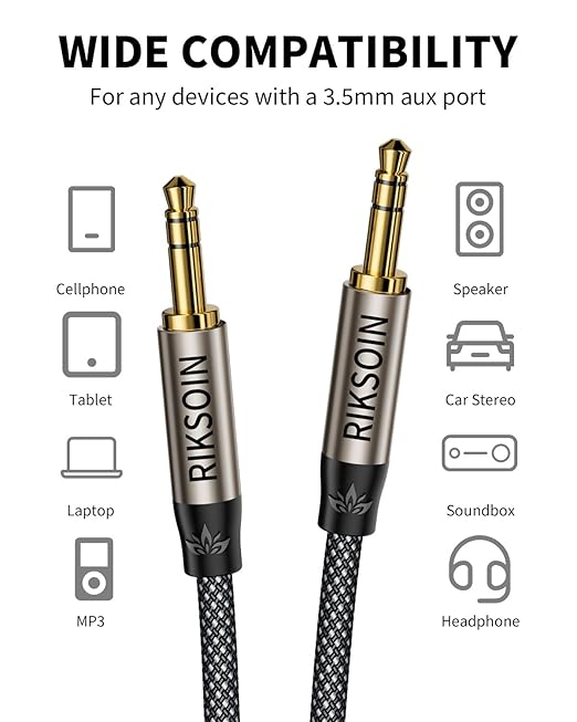 RIKSOIN 3.5mm Nylon Braided Aux Cable, Silver-Plated Wire Core Male to Male Cord for Headphones Car Home Stereos Speaker Compatible with iPhone iPad iPod Echo More-10FT