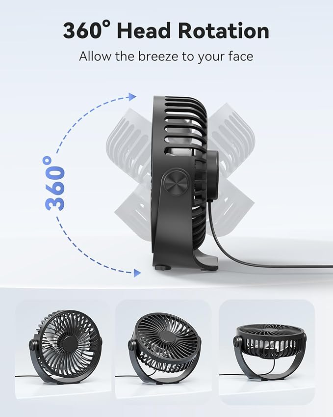 Edvision USB Desk Fan, 5 Inch Mini Portable, 3 Speeds Strong Airflow Personal Desktop, Detachable Cooling Fan 360° Rotation Quiet Small Fan for Desk Home Office Travel Car, Black, 5ft Cable