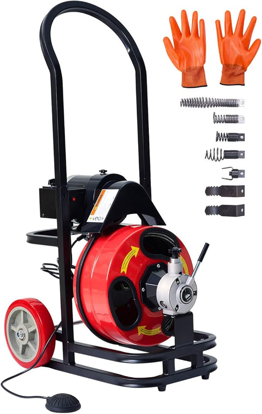 Drain Augers 75FT Sewer Snake with Auto-feed,SEVVETROOL Electric Drain Cleaner Machine 250W Motor Speed, CW/CCW Switch Control,Quick Replaceable Cutters,Perfect for 1"-4" Pipes(22.8M)