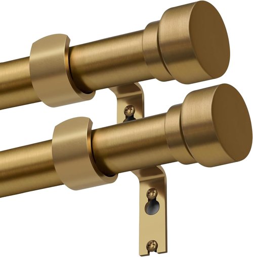 Lootkell Brass Gold Curtain Rods Set - Heavy Duty Adjustable 1" Diameter for Windows 66-120" | Stylish Metal Finials