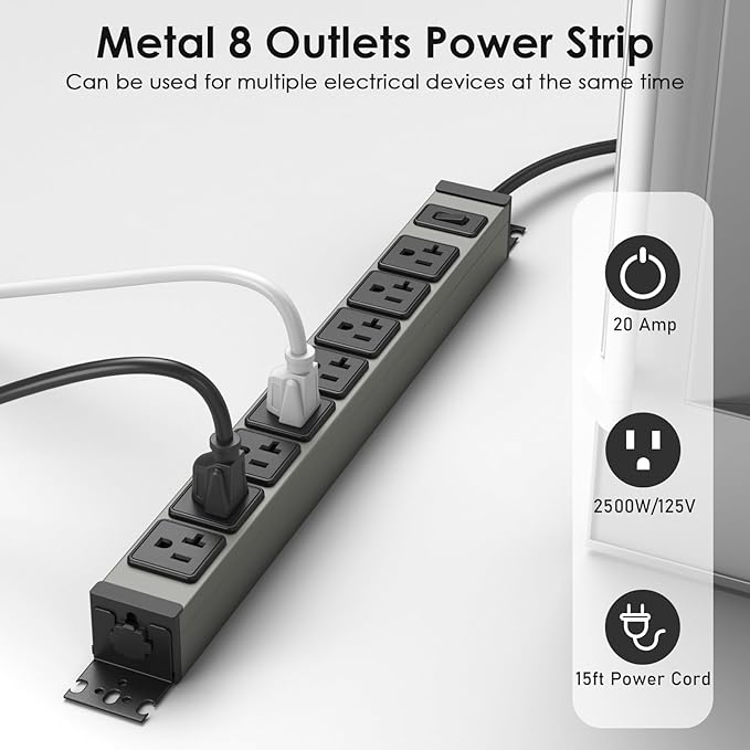 JUNNUJ Heavy Duty Power Strip Wall Mount, 20 Amp Surge Protector 1200J Metal 8 Outlet Under Desk Mounted 20A, Garage Power Table Socket Industrial Outlets 6-20R T-Slot, 15FT 12AWG Extension Cord
