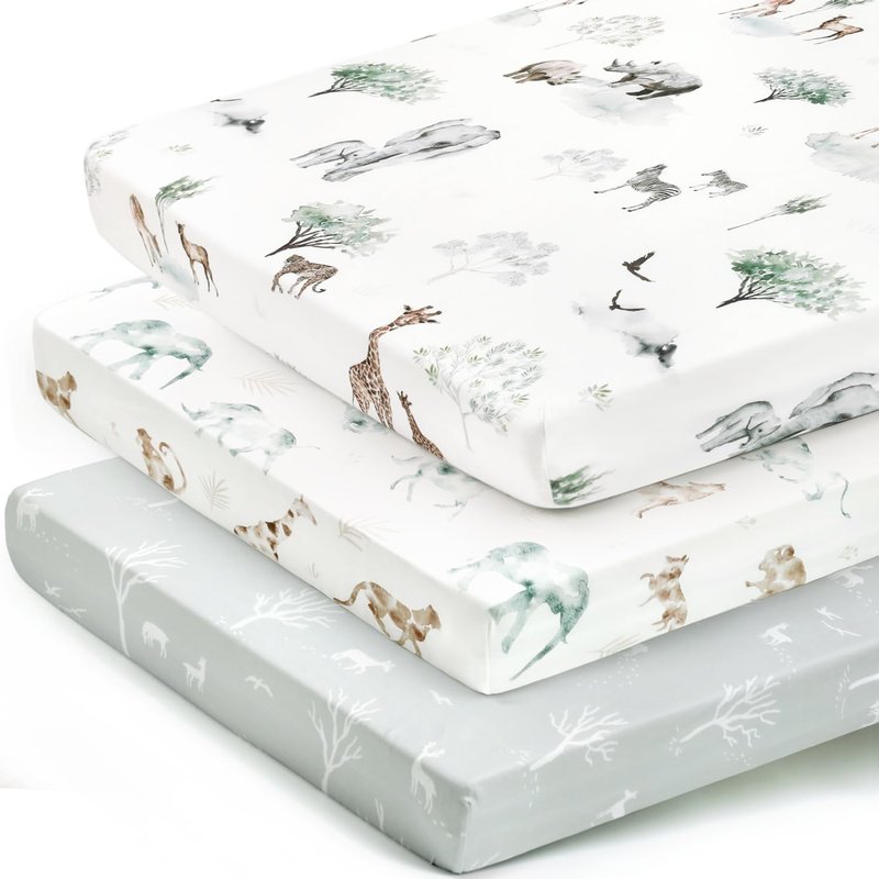 Stretchy Ultra Soft Jersey Knit Pack n Play Sheets Set 3 Pack, Portable/Mini Crib Sheets for Girls and Boys, Universal Fit for Pack N Plays Safe and Snug, Stylish African Savannah Animals Pattern