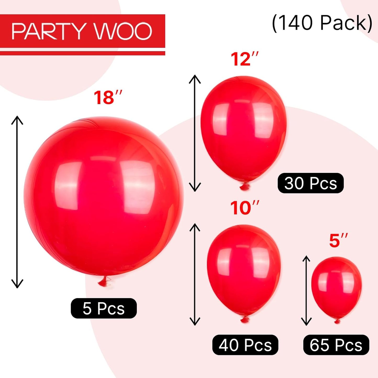PartyWoo Red Balloon Arch Kit - 140 Pcs in Various Sizes for Birthday, Graduation, and Celebrations