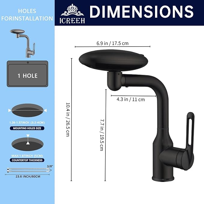 Bathroom Sink Faucet 1 Hole, Matte Black Multifunctional Basin Faucet with 4 Water Outlet Modes, Modern 360°Rotatable Bar Tap with Two Water Supply Pipes