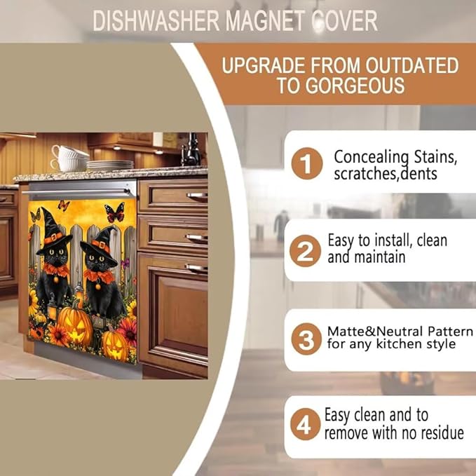 Halloween Black Cats Kitchen Decor Dishwasher Magnet Cover Decal, Pumpkins and Butterflies Magnetic Dish Washer Panel Door Vinyl Sticker, Refrigerator Magnets,Easy to Clean, 23 x 26 inch