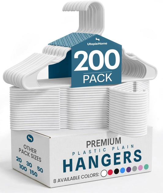 Utopia Home Plastic Hangers 200 Pack - Durable Space-Saving Clothes Hangers - White Closet Organizers