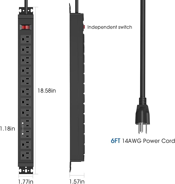HHSOET Rotating Mountable Power Strip, 12 Outlet Wall Mount Surge Protector,1200J, Metal Heavy Duty and Versatile Outlet Strip, Stylish Appearance, Sturdy and Durable, 6ft Power Cord.(Black)