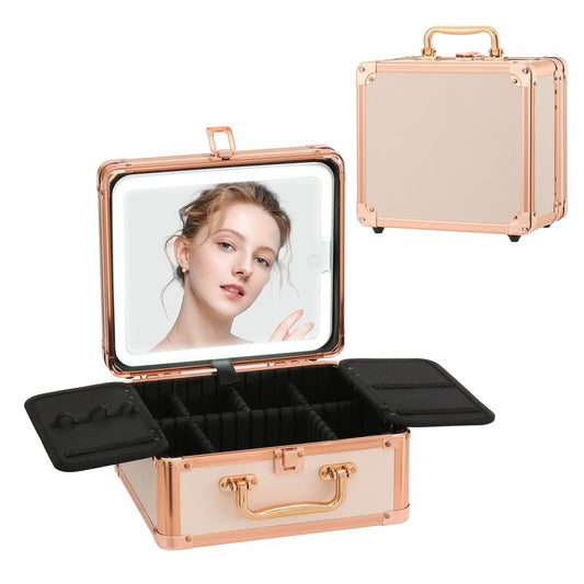 Leeora&Leekoo Makeup Box with Lighted Mirror,Portable Makeup Train Case Organizer (Off white)
