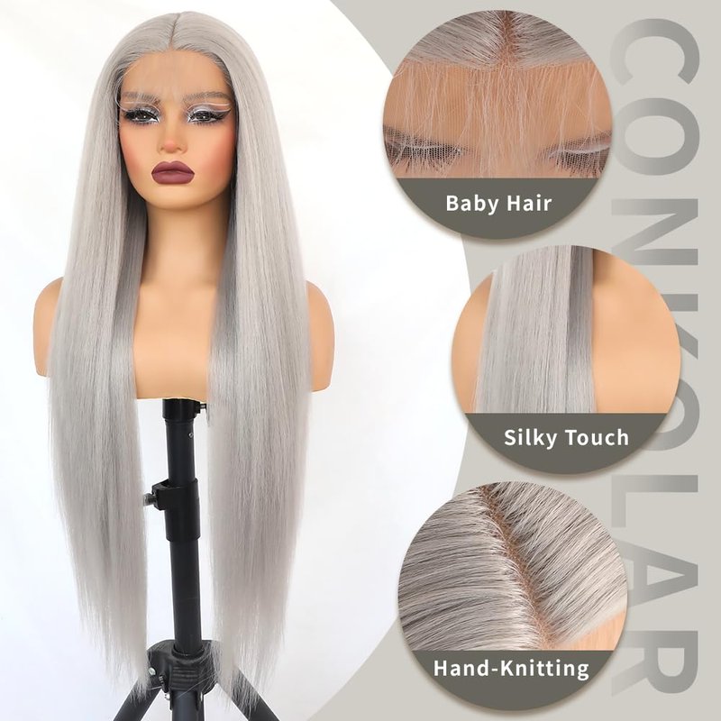 Conkolar Long Hair Wigs for Women Gray Color Synthetic Lace front Wig Middle Part Natural Hairline Pre-Plucked Long Straight Wigs