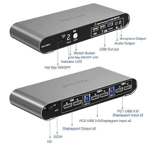 Terived 2 Port DP USB 3.0 Automatic KVM Switch Dual Monitor 4K@144Hz Two Computers Two DisplayPort Monitors switcher, 8K@30Hz, Aluminum hotkey Audio mic, Digital Display, HDR10 with Cables