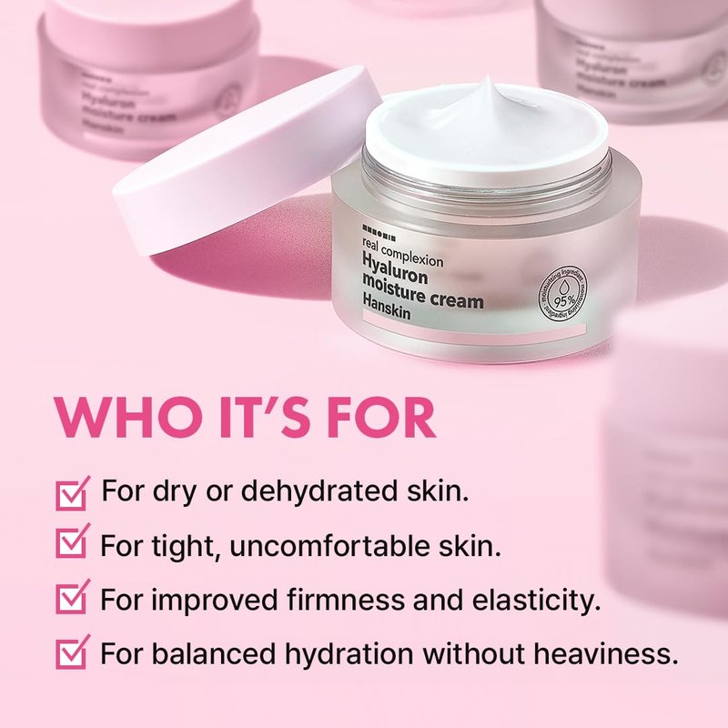 Hanskin Real Complexion Hyaluronic Moisture Cream,Hyaluronic Acid Moisturizer with Niacinamide Vitamin E Moisturizing Lotion for Sensitive and Dry Skin Korean Skincare 1.69 fl.oz.