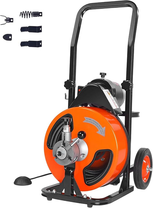 VEVOR Drain Cleaning Machine 50 FT x 1/2 Inch, Sewer Auger Auto Feed with 4 Cutter & Air-activated Foot Switch for 1" to 4" Pipes, Orange, Black