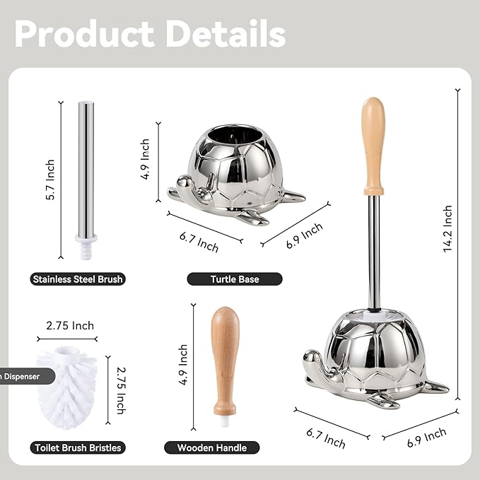Toilet Brush and Holder Set, Ceramic Turtle Base Toilet Brush Set - 7.5â Bowl Cleaner, Toilet Scrubber Brush with Ergonomic Handle (Silver)