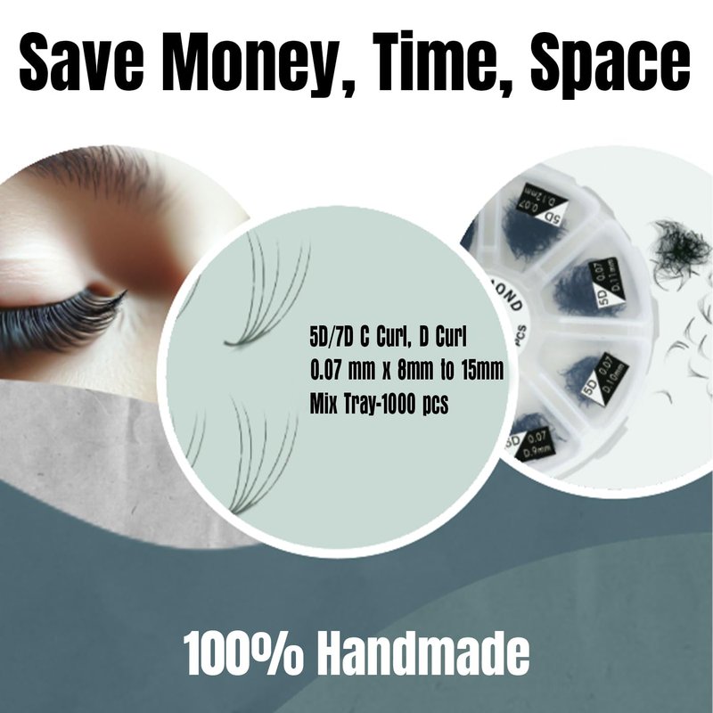 Lashmond 1000 Premade Fans Eyelash Extension Handmade Loose Volume Short Stem Eyelash Multiple Options 5D/7D Pre-made Fans 0.07mm Thickness C/D Curl 8mm-15mm Mixed Length Volume Eyelash Extensions mixed Length Eyelash in the tray (5D/D Curl)