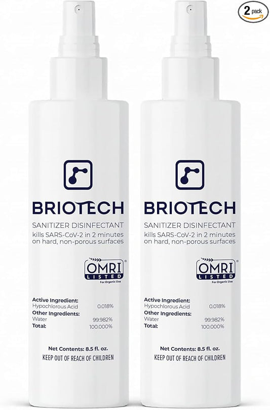 BRIOTECH Sanitizer Disinfectant Hypochlorous Spray, Kill 99.99% of Viruses & Bacteria, Control Mold, Eliminate Odor, Gentle for Nursery & Play Rooms, Food Contact Surface Sanitizer, 8.5 fl oz (2 Pack)
