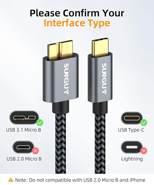 SUNGUY 10Gbps Micro B to USB C Hard Drive Cable, USB 3.1 USB C to Micro B, High-Speed External Hard Drive USB C Cable for iPhone 15, MacBook Pro/Air, iPad, WD Toshiba Westgate Seagate, 1FT, 5, Grey