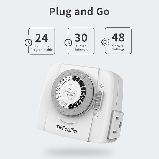 TiFFCOFiO Indoor Mechanical Outlet Timer, 3 Prong Timers for Electrical Outlets, 24-Hour Programmable Plug in Light Timer, ETL Listed (2 Outlets, 2 Packs)
