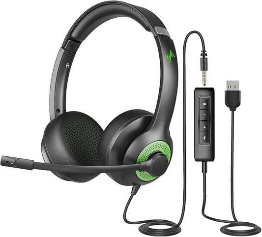 JIAMQISHI USB Headset with Mic for PC, On-Ear Computer Laptop Headphones with Noise Cancelling Microphone in-line Control for Home Office Online Class (USB+3.5mm, Green)