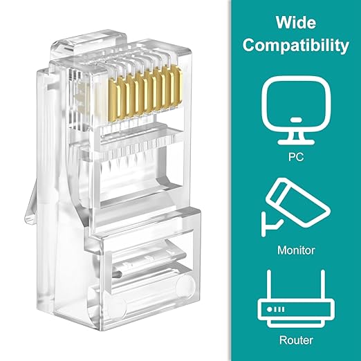 Brileine UTP RJ45 Connectors, Cat6 RJ45 Pass Through Plugs 50-Pack, Cat6 RJ45 Plugs with 50-Pack Strain Relief Boots for Solid or Standard Ethernet Cables, Transparent