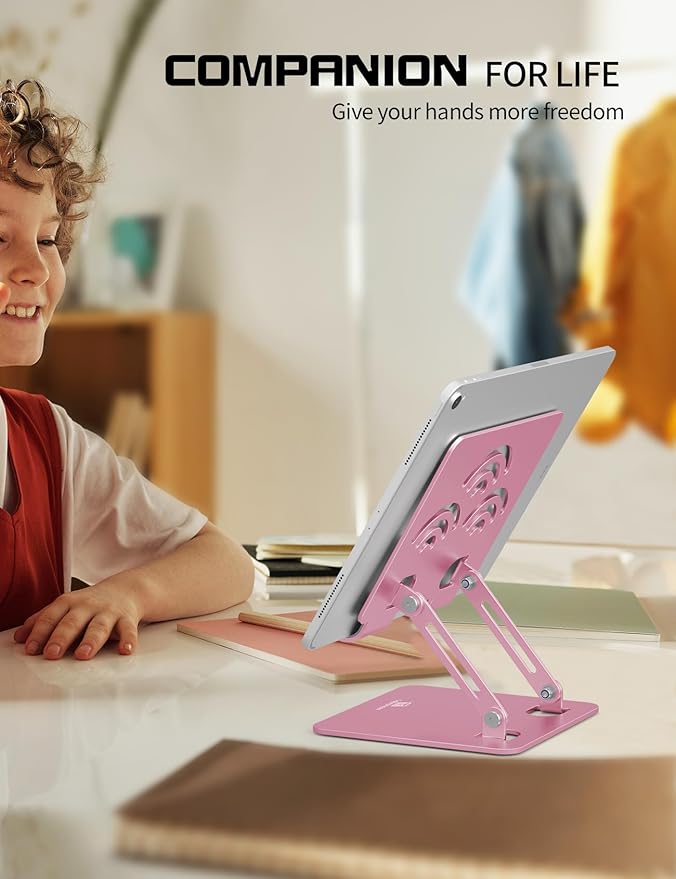 ToBeoneer Adjustable Tablet Stand for Desk, Premium Aluminum Holder for iPads, Tablets, Kindles, Switch, Phones, and All Devices up to 12 Inches. Portable and Foldable, Pink, Pro Size