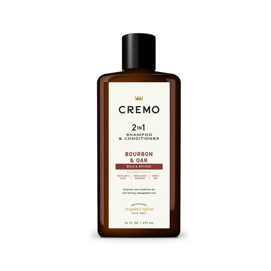 Cremo Bourbon & Oak 2-in-1 Shampoo & Conditioner, Barber Grade Quality That Moisturizes and Cleanses All Hair Types, 16 Fl Oz