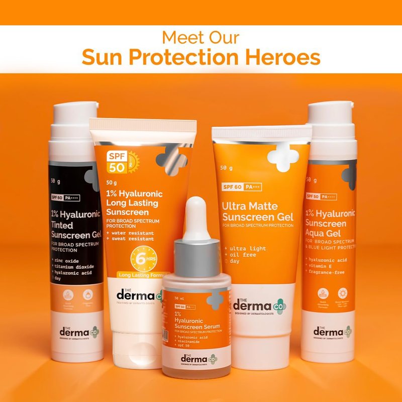 The Derma Co 1% Hyaluronic Long Lasting Sunscreen SPF 50 PA++++ With Hyaluronic Acid & Vitamin E For Broad Spectrum Protection Upto 6H Sun Protection Water & Sweat Resistant No Reapplication Needed