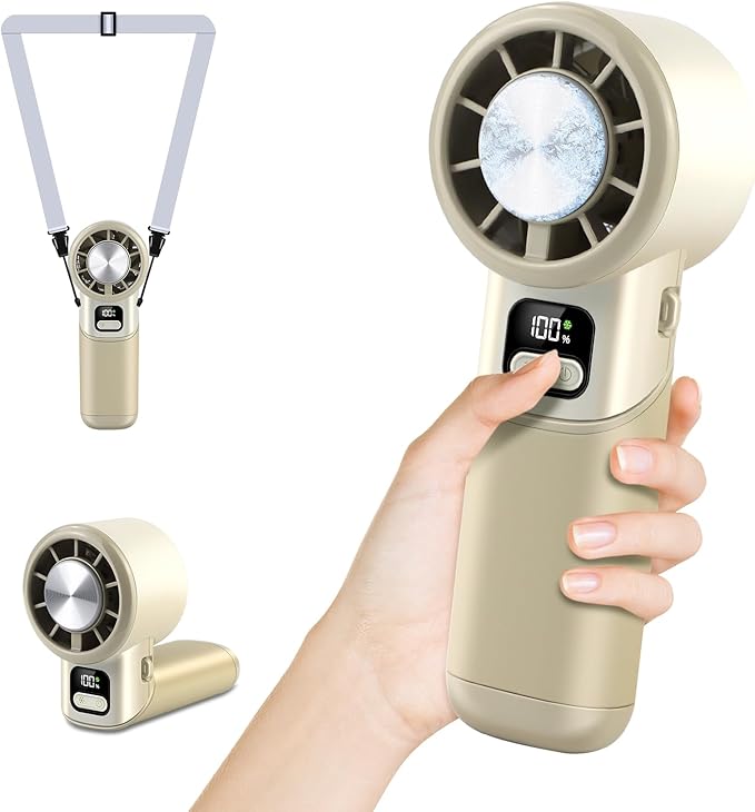 HONEYYEAR High-Speed Portable Handheld Turbo Fan with Ice Cooler, LED Display, 3600mAh Rechargeable Fan, Up to 9H Runtime, 90°Foldable Mini Fans for Travel, Commute, Outdoor, Gifts for Women Men