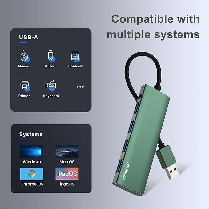 ANYPLUS USB Hub, USB 3.0 Hub Aluminum Alloy Ultra Slim USB Splitter, Portable 4 Port USB Extender, USB Hub for Laptop, PC, MacBook, iMac, Surface Pro, Mac Pro, Flash Drive, XPS 【Green】