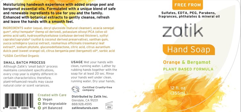 Zatik Naturals - Liquid Hand Soap with Orange & Bergamot, Moisturizing Handwash, Grey Water Safe, 12 fl oz (Pack of 6)
